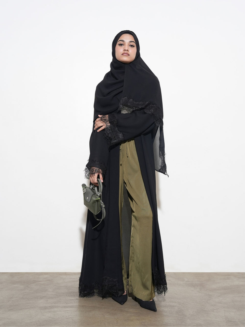 Basic Chiffon Abaya with Lace - Black