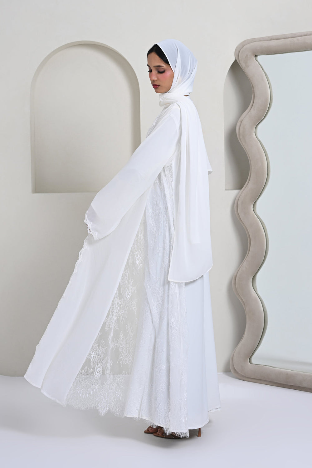 Lace Panel 2 Piece Abaya - White