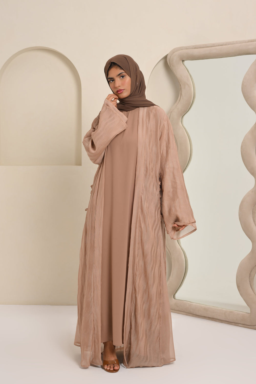 Farah Side Tie-Up Abaya Set - Beige