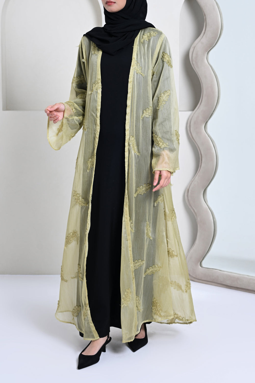 Shajara Open Abaya - Lime Green