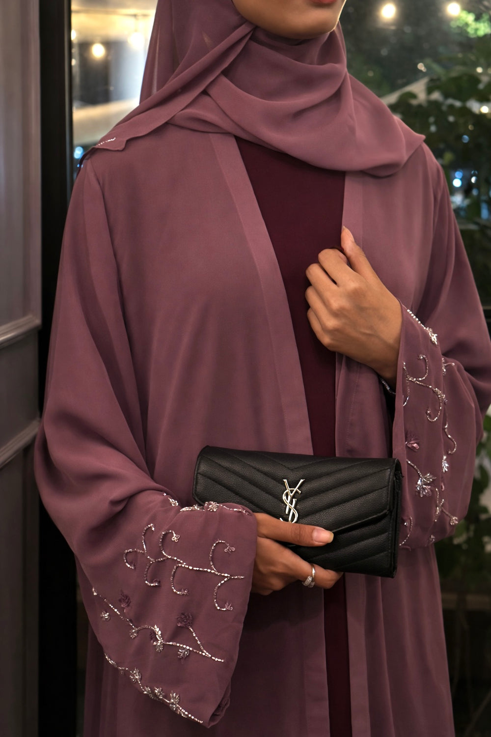 Yumna Chiffon Embroidered Abaya - Plum`