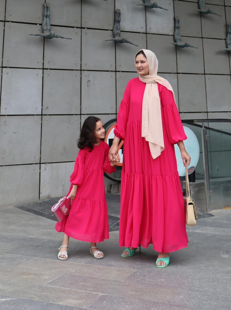 pink layered kids dress, mother daughter matching set, girls dress