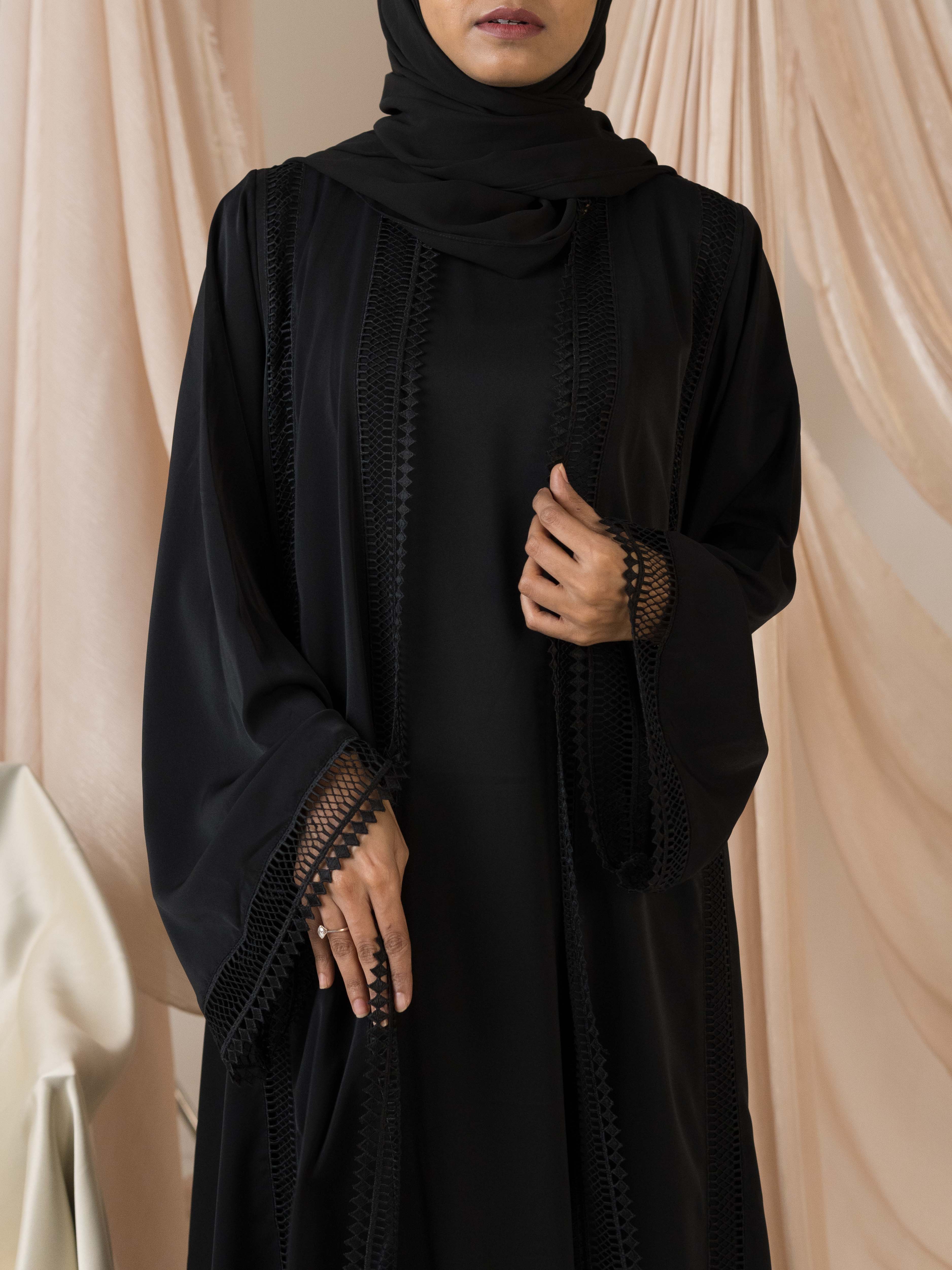 Front Open Simple Black Abaya Falak Lace Two-Piece Abaya Black