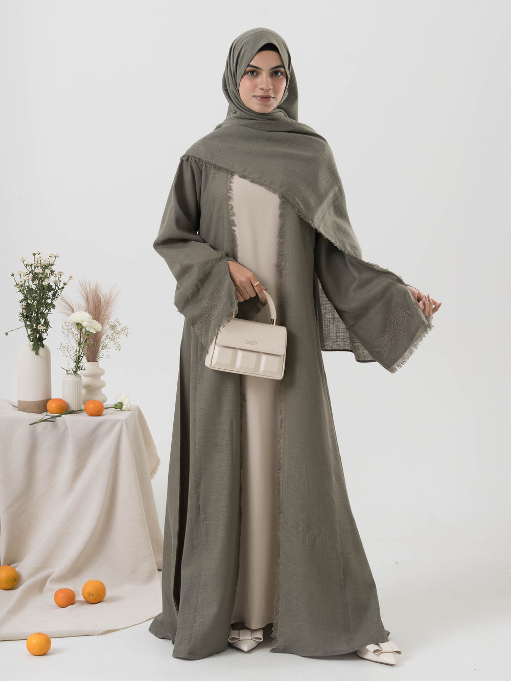 Embroidered Fringe Abaya - Sage