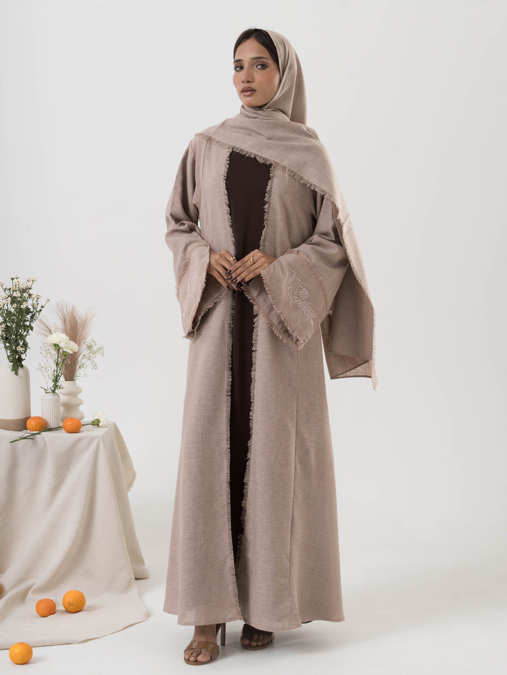 Embroidered Fringe Abaya - Taupe