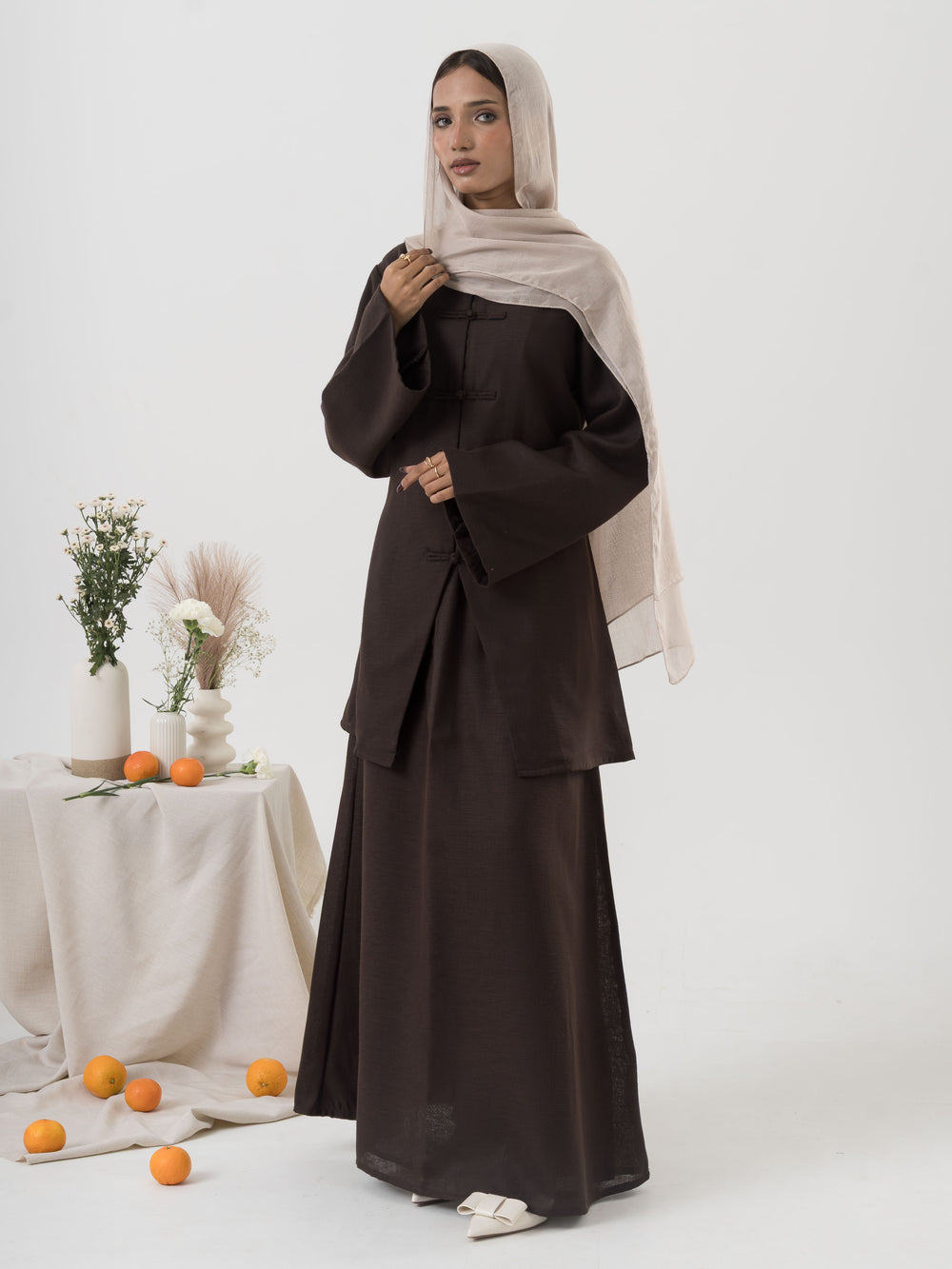 Mandarin Skirt Set - Brown
