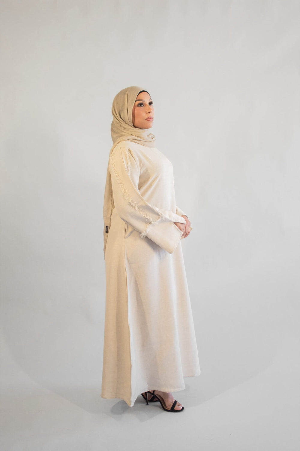 Aisha Linen Fringe Abaya - Beige